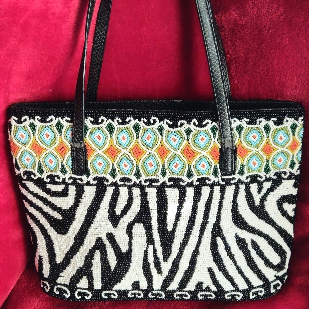 Unbranded Black & White Zebra & Multi-Colored Geometric Patterns Shoulder Bag